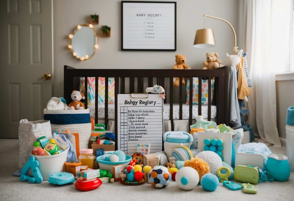 A cluttered nursery with an overflowing baby registry list, filled with various lifestyle, space, and special needs items