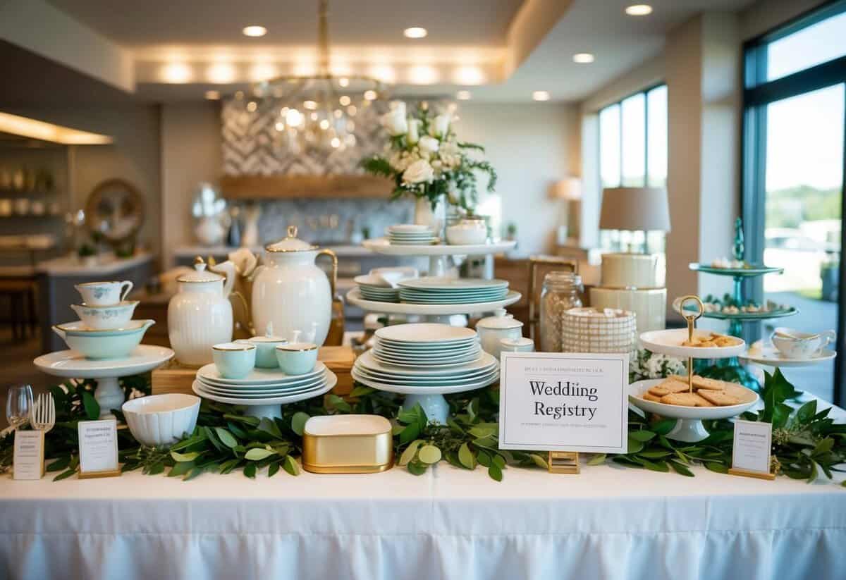 A table with a beautifully arranged display of kitchenware, home decor, and other items, with a sign indicating it's a wedding registry