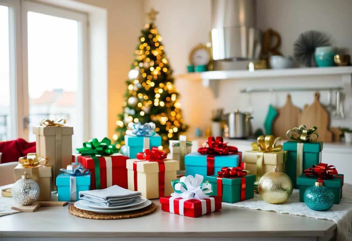 A beautifully decorated table with a variety of gifts, such as kitchenware, linens, and home decor items arranged neatly
