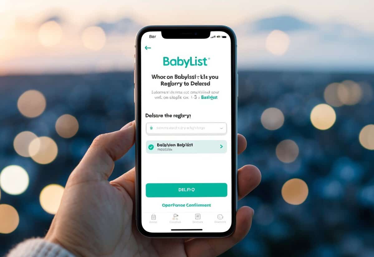 A smartphone with the Babylist App open, showing a registry being deleted with a confirmation pop-up