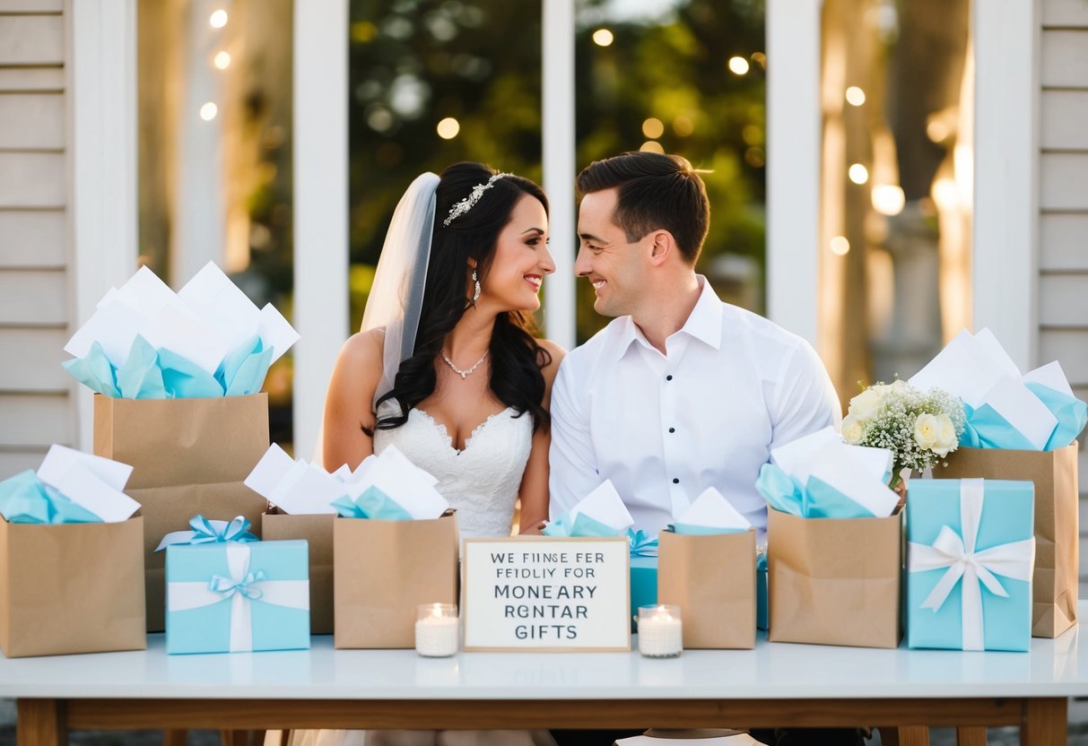A couple sitting at a table, surrounded by wedding gifts and envelopes, with a sign indicating their preference for monetary gifts