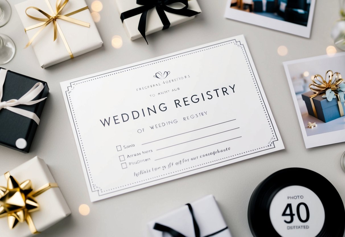 A wedding registry card with a sleek design and elegant font, surrounded by images of gift options and a clear indication for monetary contributions