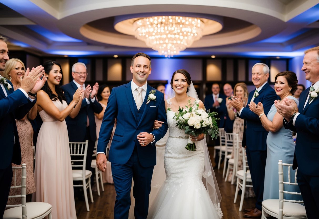 The newlyweds are announced first at the wedding reception, greeted by applause and cheers from the guests