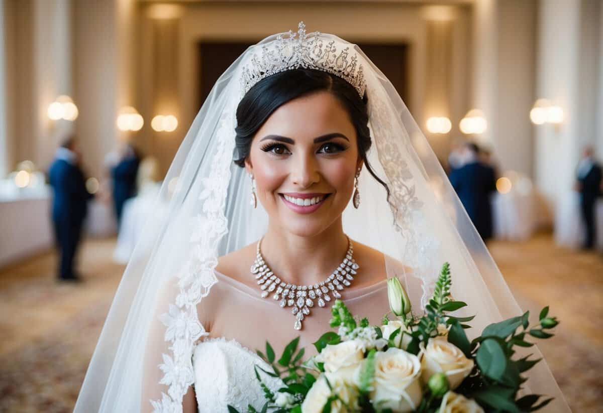 A bride wearing a delicate lace veil and a sparkling tiara, adorned with a statement necklace and elegant earrings, holding a bouquet of fresh flowers, standing in front of a grand reception hall