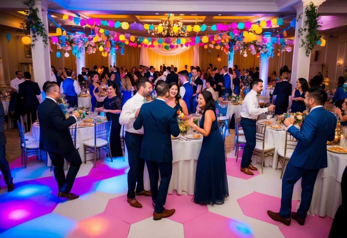 A festive reception with colorful decorations, tables filled with food and drinks, and guests mingling and dancing in celebration