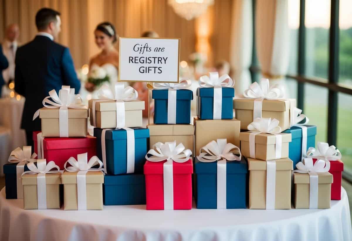 Gifts piled on a table at a wedding reception, with a sign indicating they are registry gifts