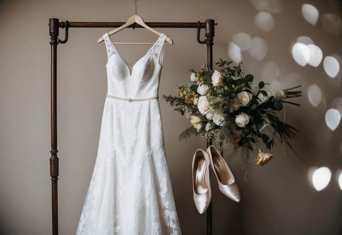A white lace wedding dress hung on a vintage coat rack, surrounded by a bouquet of wilting flowers and a pair of discarded satin shoes