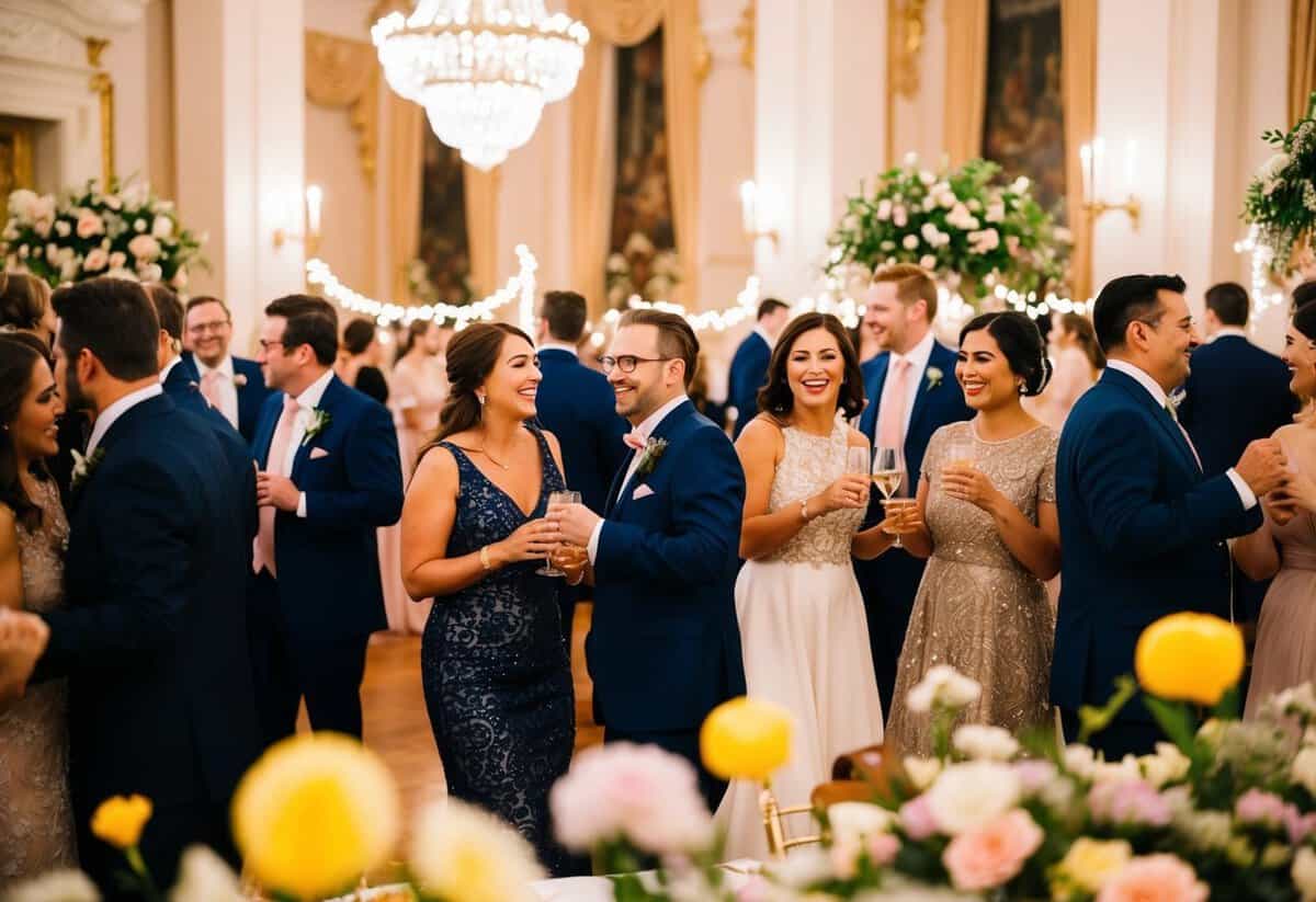 Guests mingle in a grand hall adorned with flowers and twinkling lights. Laughter fills the air as they enjoy music, dancing, and a lavish feast
