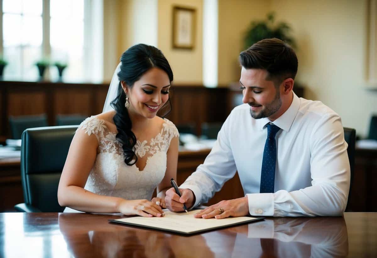 A couple signing a marriage certificate at a registry office desk