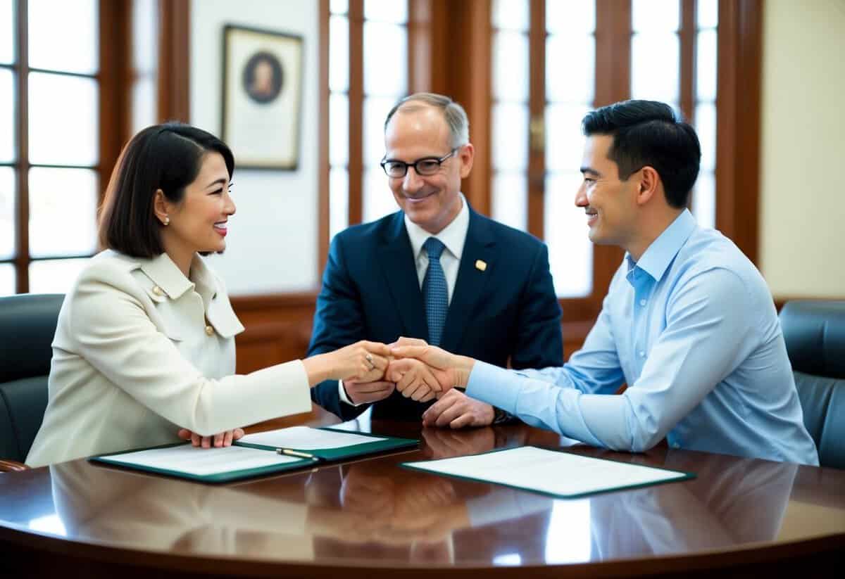 A couple at a government office, exchanging documents with an official behind a desk