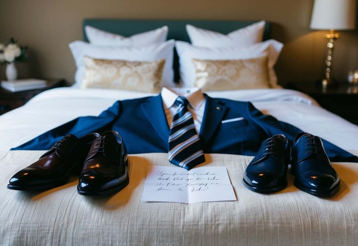 A cozy bed with a neatly folded suit and tie, a pair of polished shoes, and a handwritten note from the bride