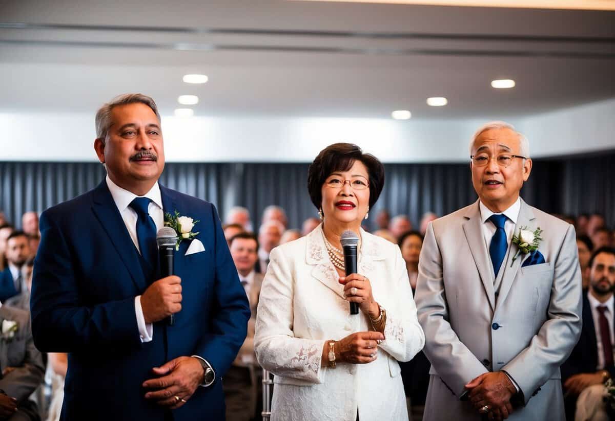 The groom's parents stand at the front of the room, facing the audience. They hold microphones and address the crowd with emotion and sincerity