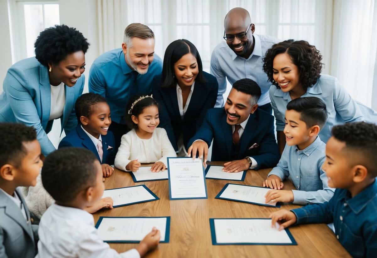A diverse group of families gathered around a wedding invitation, discussing and smiling
