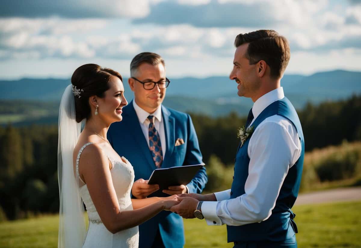 A registrar officiates a wedding in a scenic outdoor location