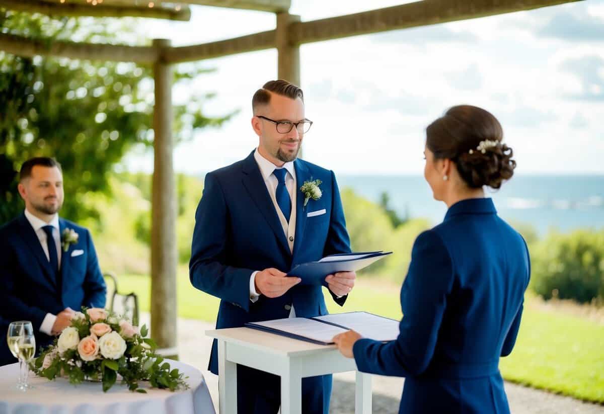 A registrar stands at a table with official documents, overseeing a marriage ceremony in a scenic outdoor location
