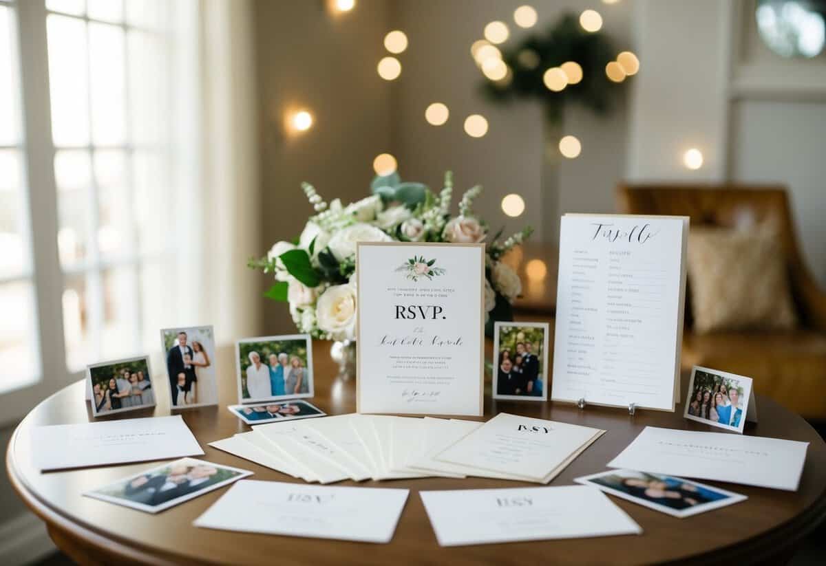 A table with elegant wedding invitations and a stack of RSVP cards, surrounded by a variety of family photos and a list of potential guests