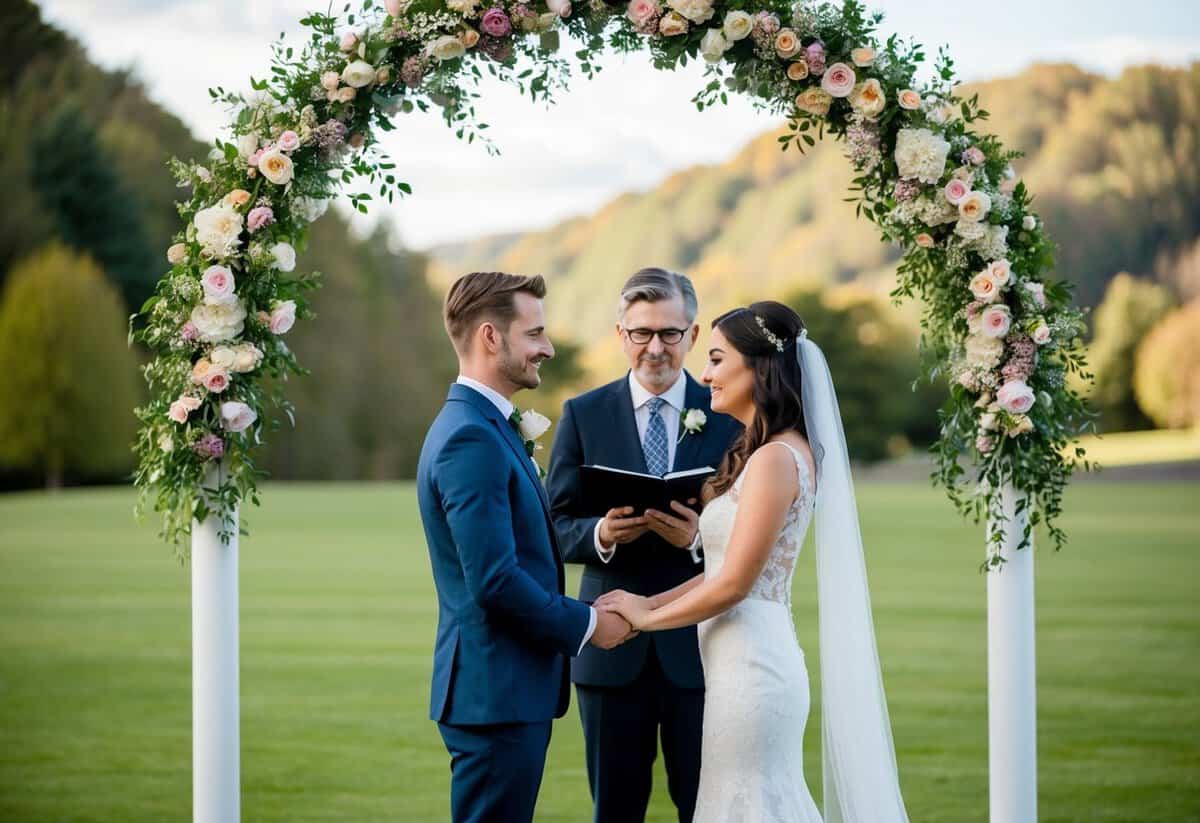A couple stands before a registrar in a picturesque outdoor setting, exchanging vows under a floral archway