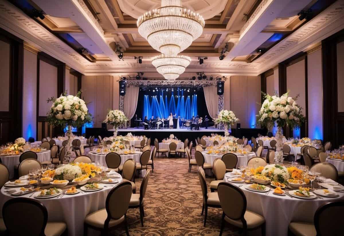 A grand banquet hall adorned with elegant decor and a lavish spread of food and drinks, with a stage for music and dancing