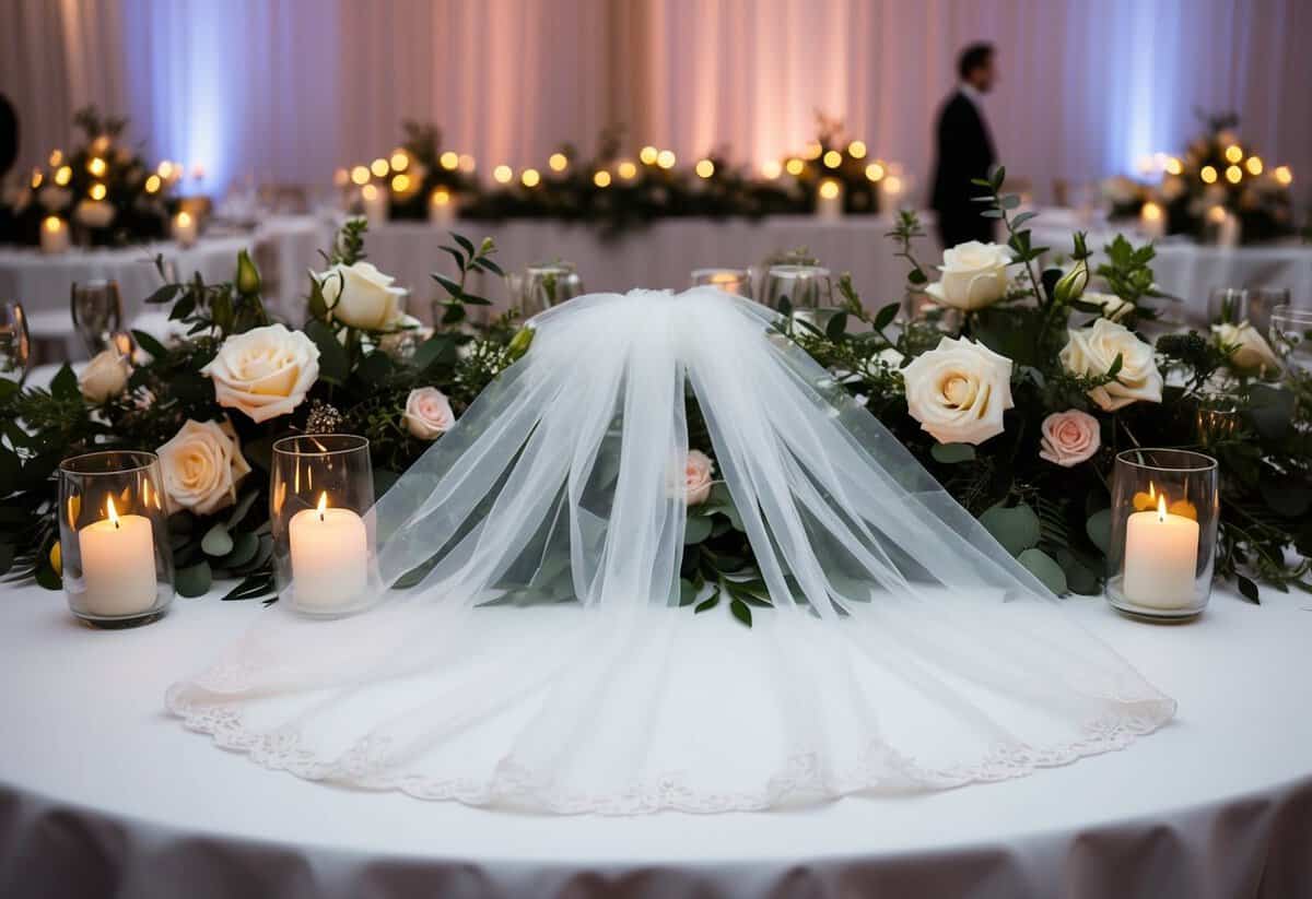 A wedding veil laid on a table at a reception, surrounded by floral centerpieces and glowing candlelight