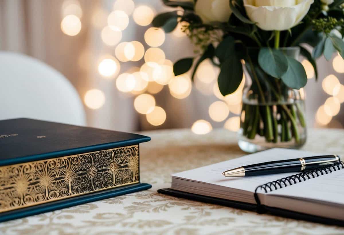 A pen resting on a decorative table next to a beautifully designed wedding guestbook