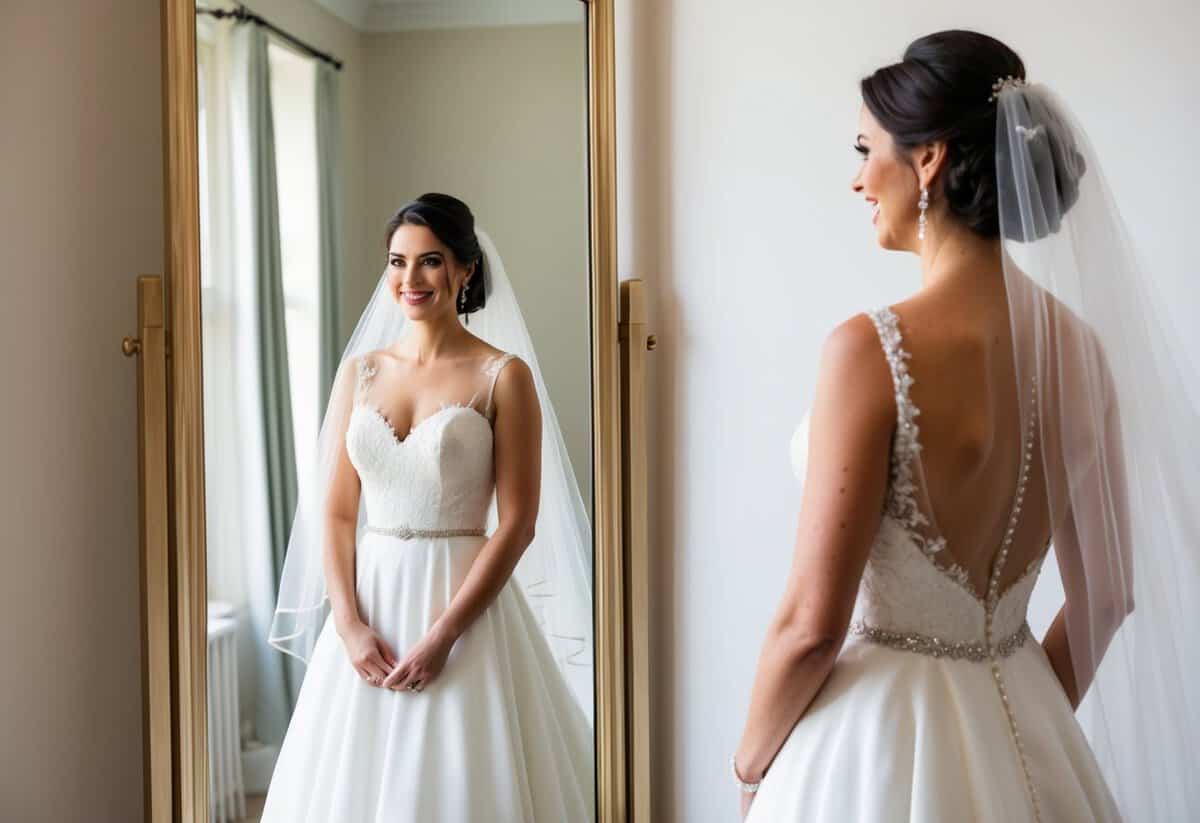 A bride stands before a full-length mirror, wearing a flowing wedding gown with a delicate veil cascading down her back. She gazes at her reflection with a sense of anticipation and joy