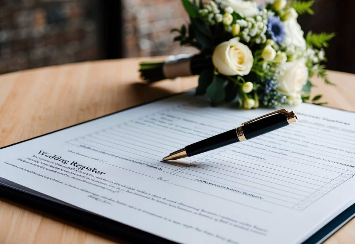 A pen hovering over an open wedding register, with a bouquet of flowers resting beside it
