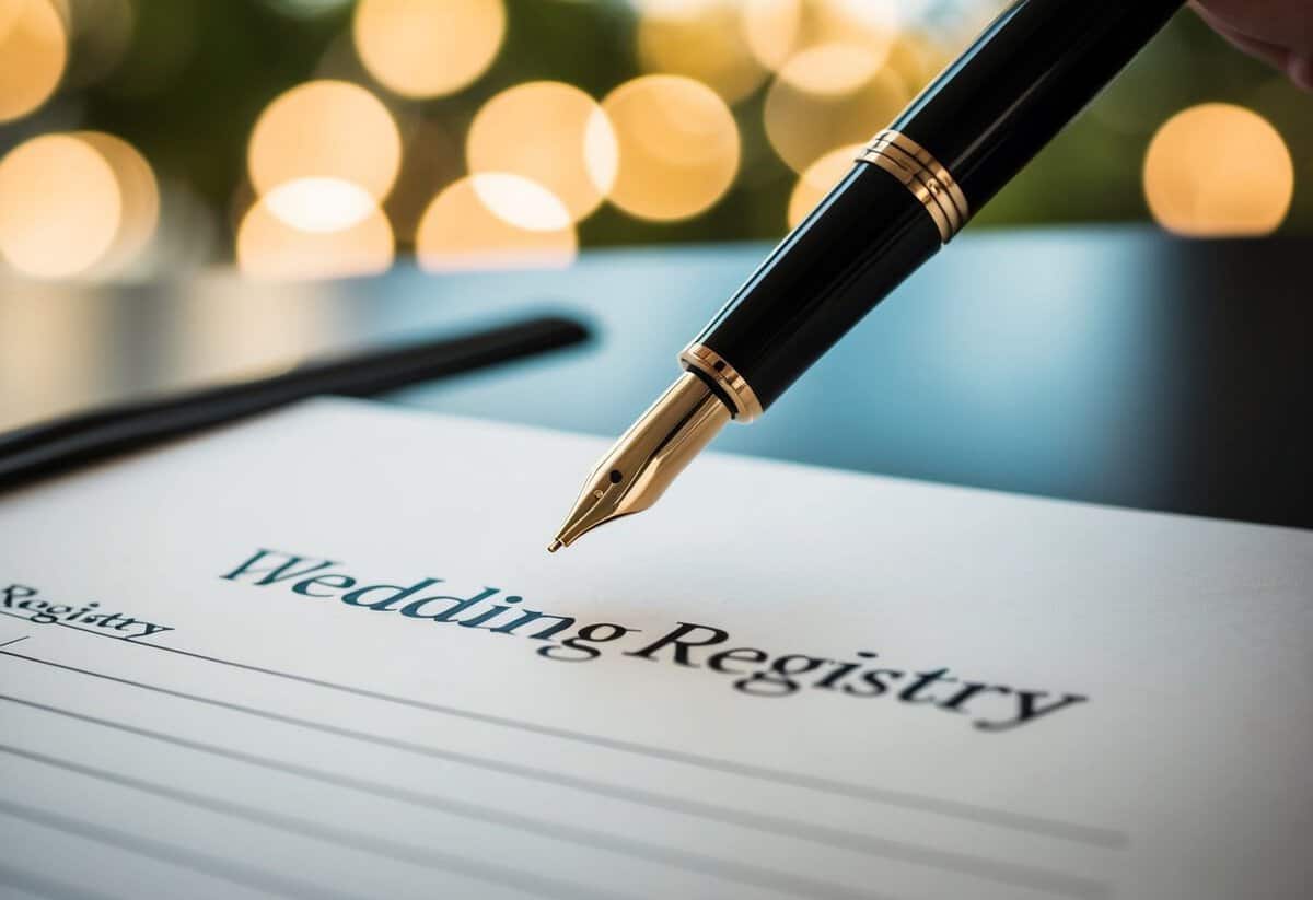 A pen poised above a wedding registry, ready to sign
