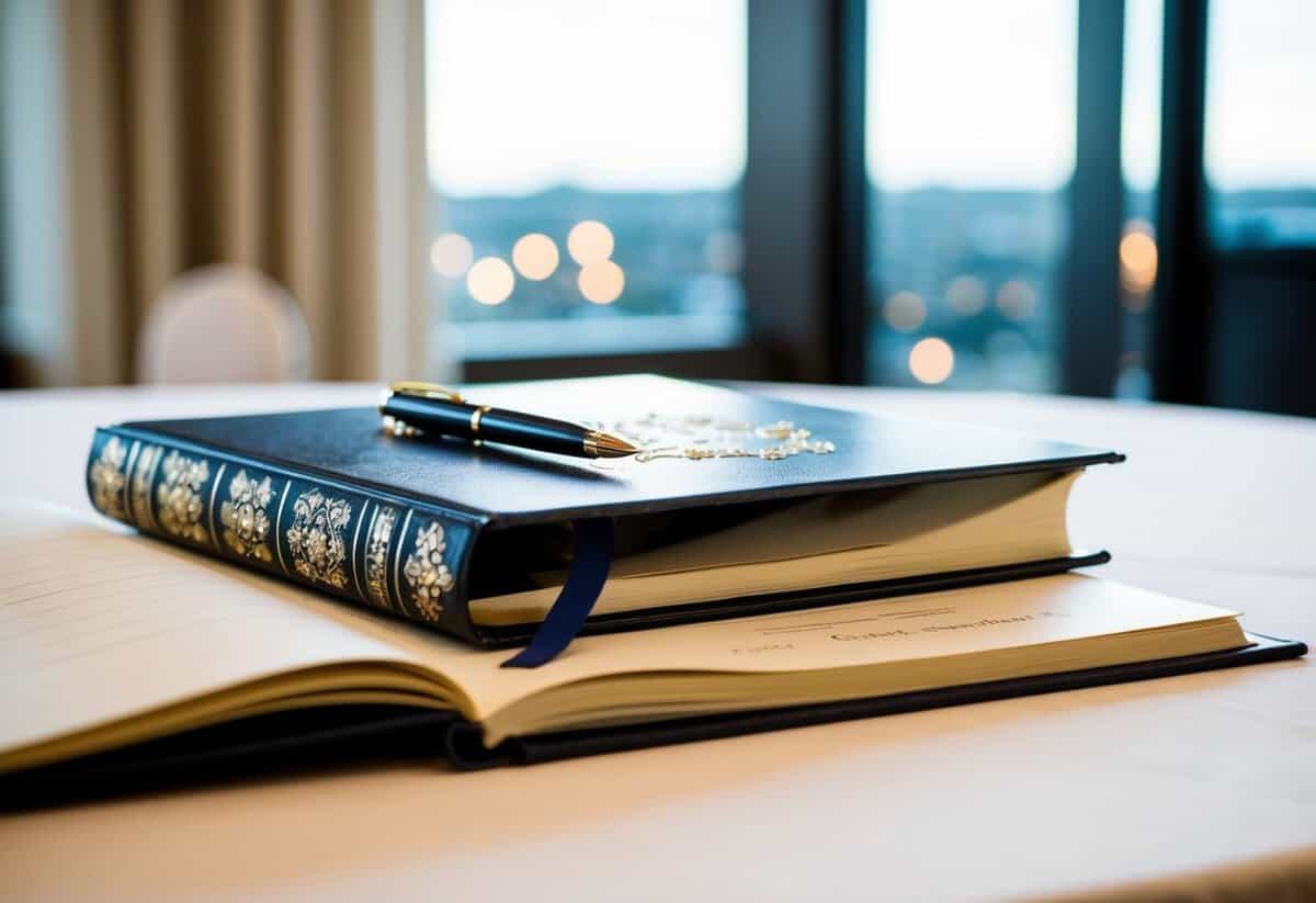 A decorative wedding register book open on a table, with a pen resting on top, ready to be signed