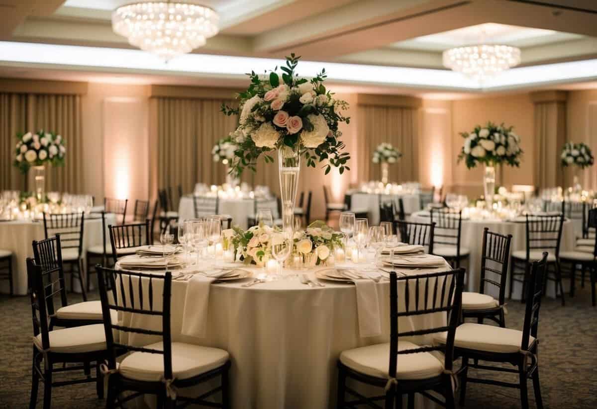 A beautifully decorated wedding reception venue with elegant table settings, floral centerpieces, and ambient lighting, indicating a sophisticated and romantic event