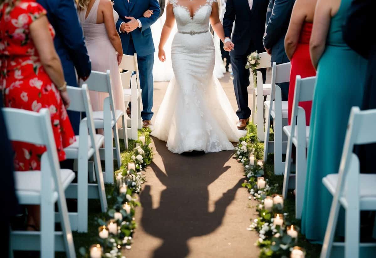 A bride's shadow walks down the aisle, her song filling the air, as guests turn to watch her entrance