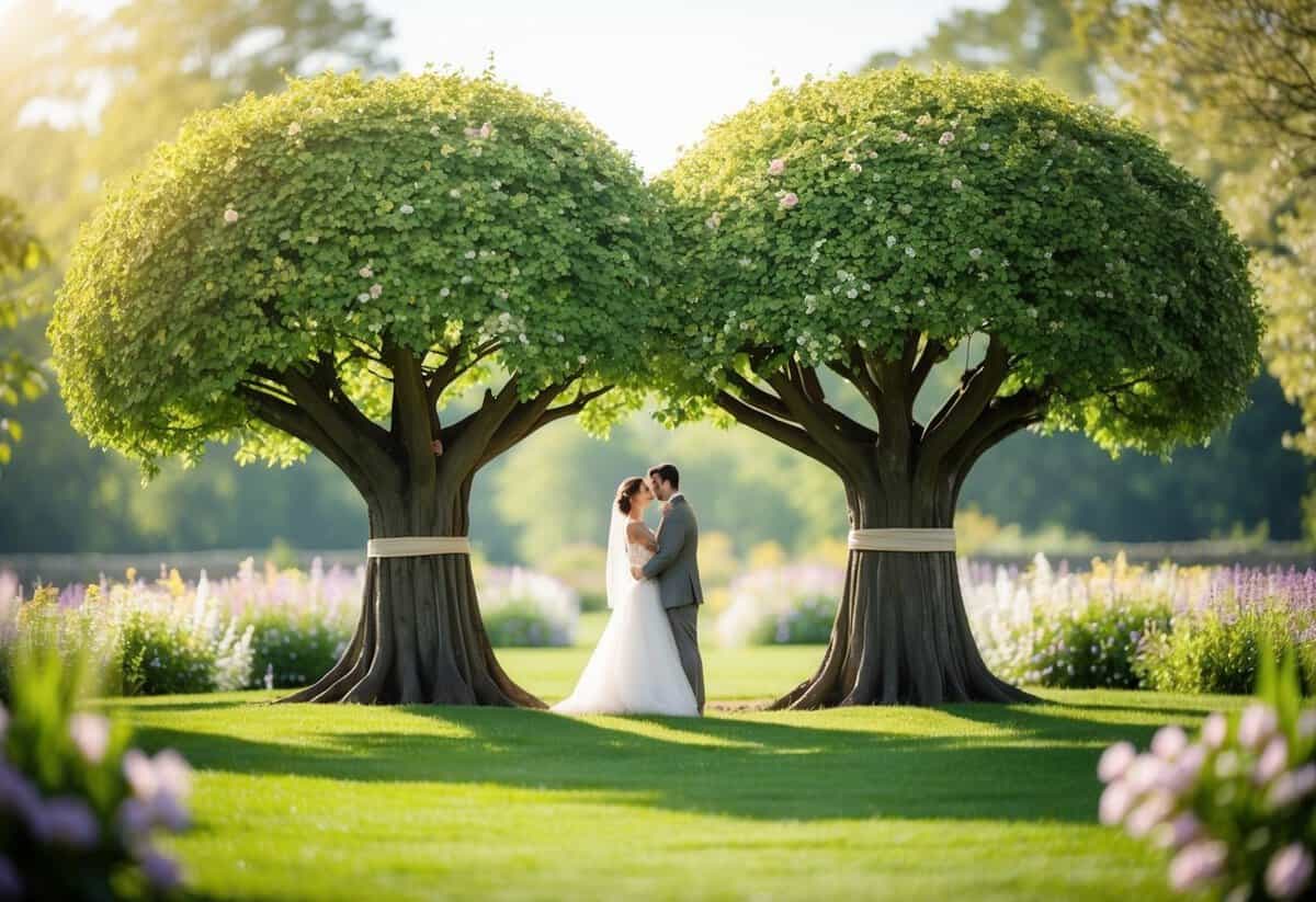 A serene garden with two intertwining trees symbolizing a secret marriage, surrounded by blooming flowers and a gentle breeze