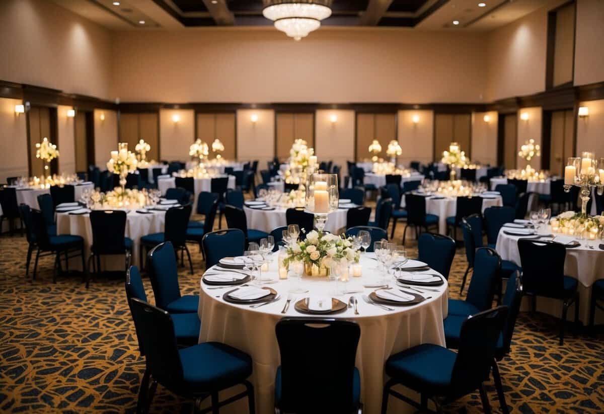 A banquet hall filled with tables set for 100 guests, adorned with elegant centerpieces and flickering candlelight