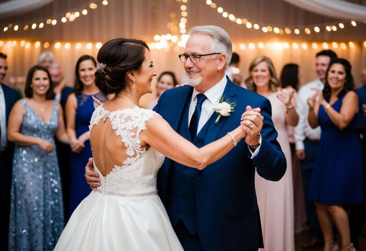 The mother and father of the bride dance together at the wedding reception, surrounded by joyful guests and twinkling lights