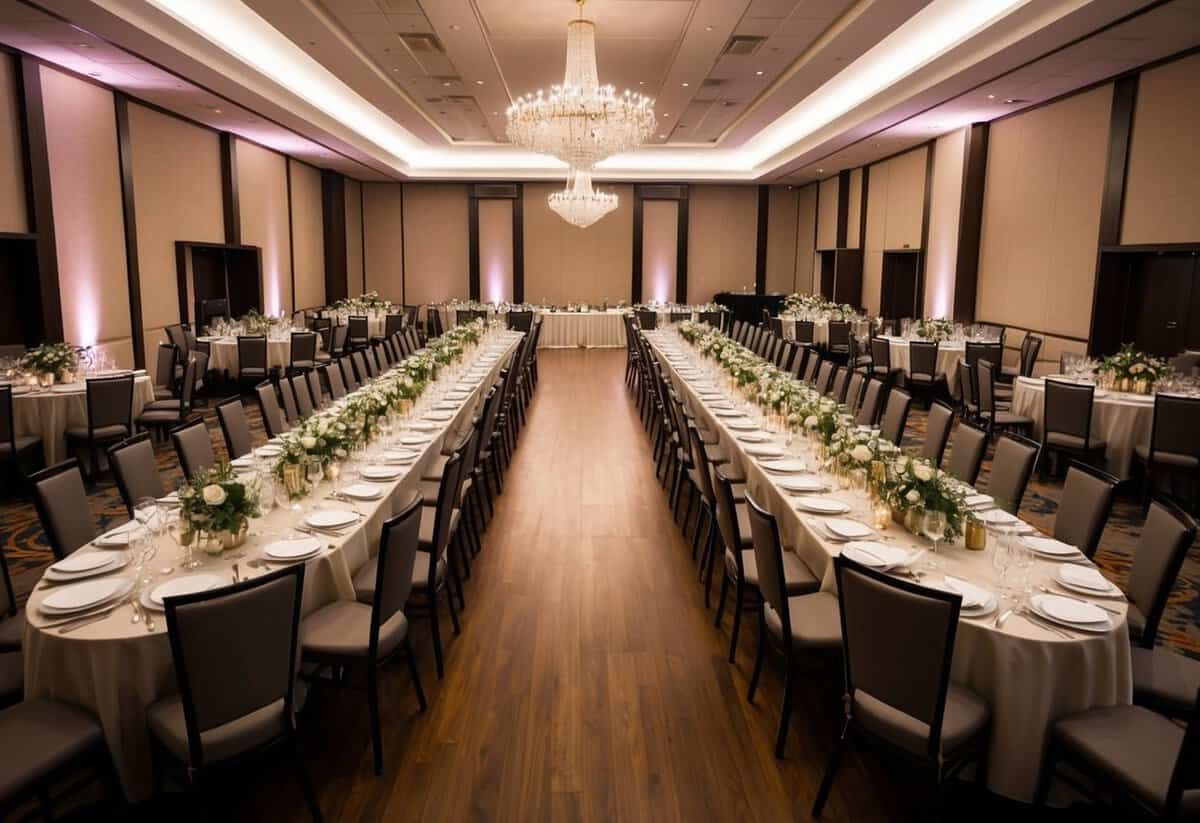 A banquet hall with long tables set for a large gathering, complete with elegant place settings and a spacious dance floor