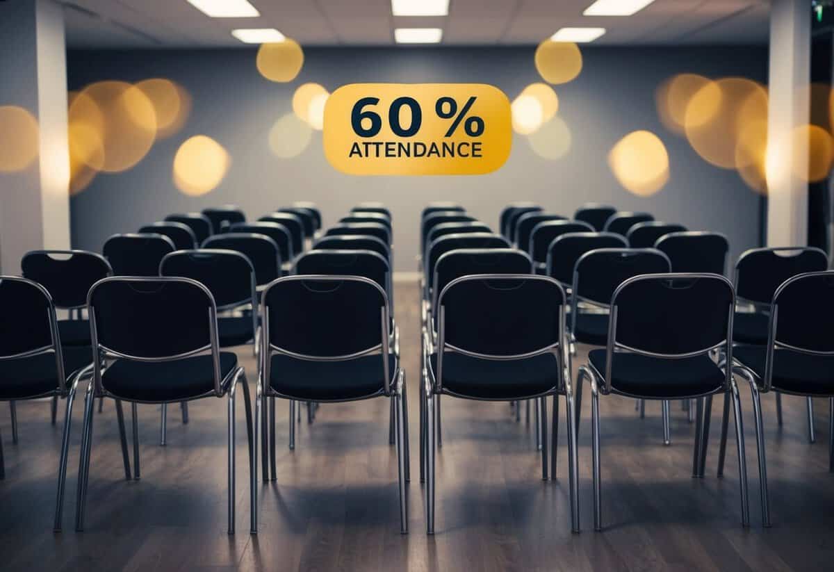 A room with empty and filled chairs, representing a 60% attendance rate at a party