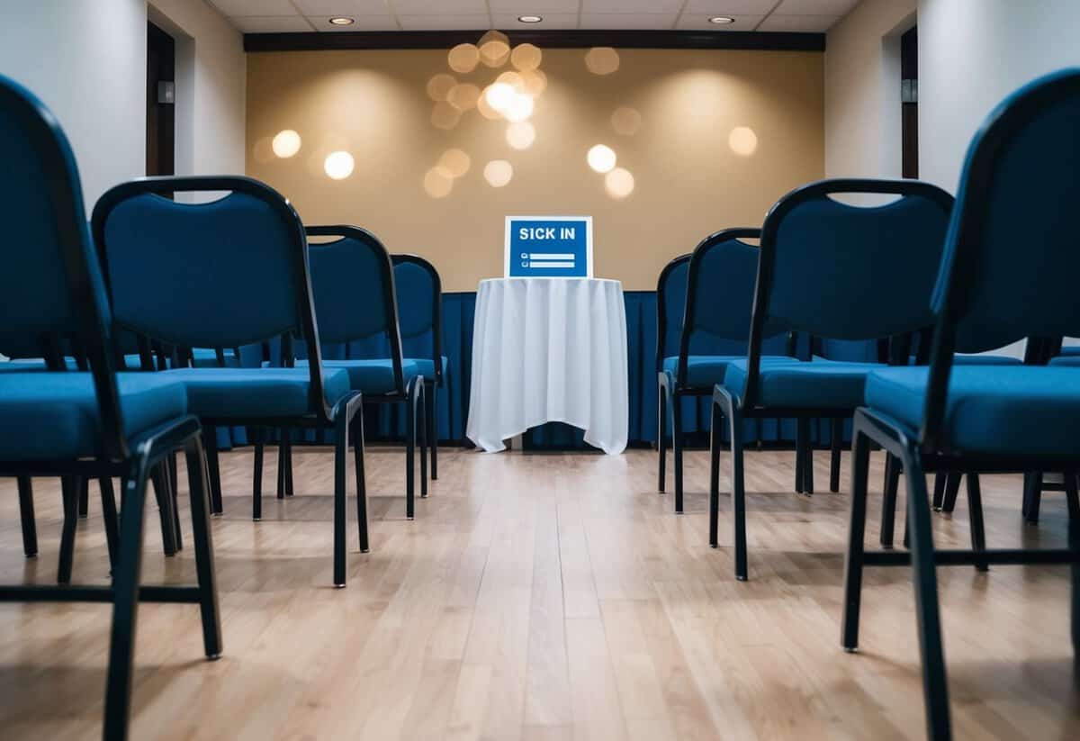 A room with empty chairs and filled chairs, with a sign-in table at the entrance