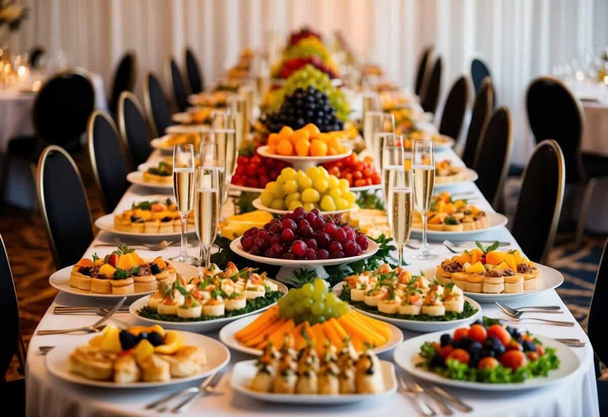 A banquet table overflowing with a variety of food and beverages, including elegant platters of hors d'oeuvres, colorful fruit displays, and champagne flutes