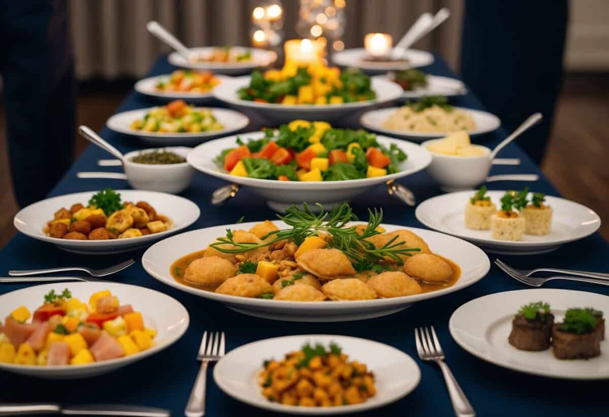A table set with various portion sizes of food, from appetizers to main courses, with elegant serving dishes and utensils