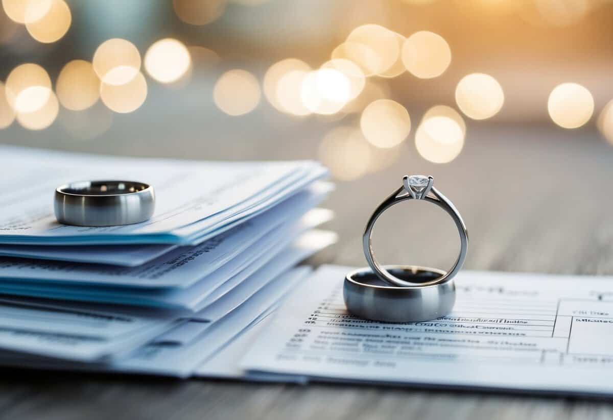 A couple's wedding rings next to a stack of tax forms and benefit documents