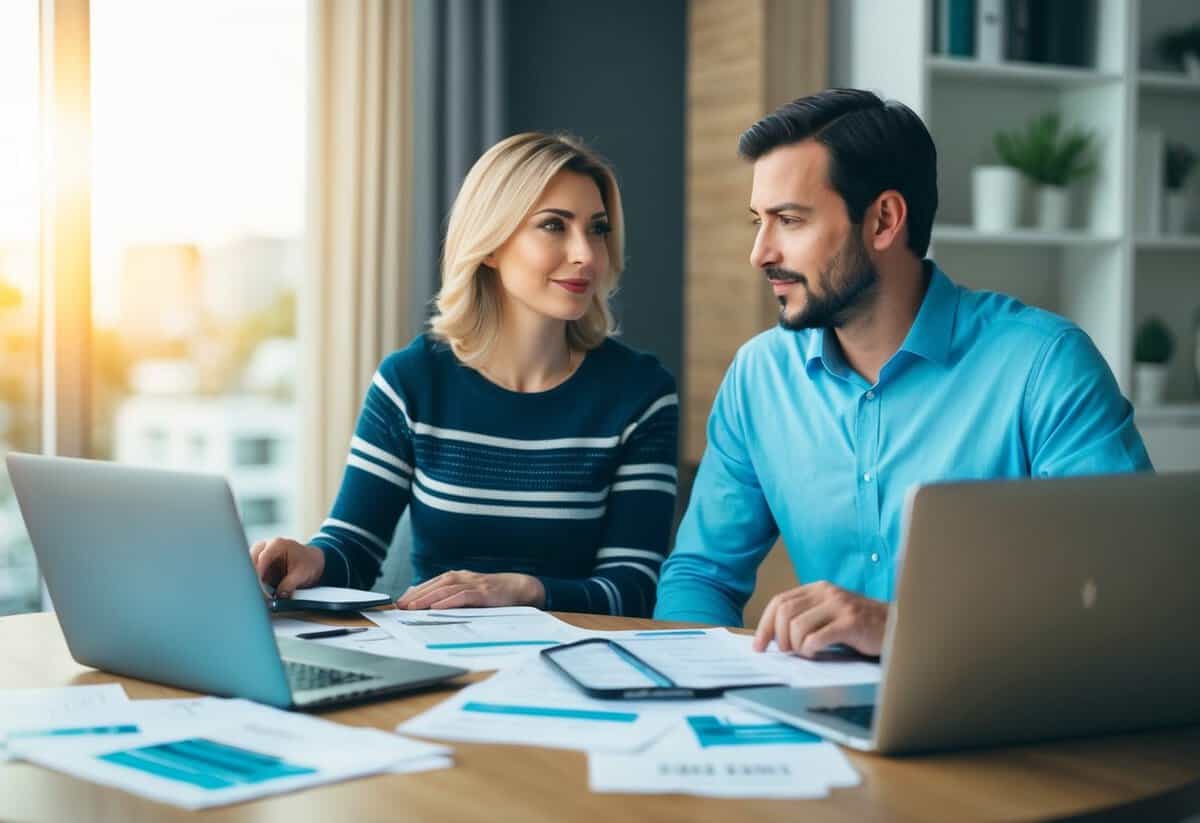 A couple sits at a table, surrounded by financial documents and a laptop. They appear to be discussing their finances and possibly preparing to file taxes