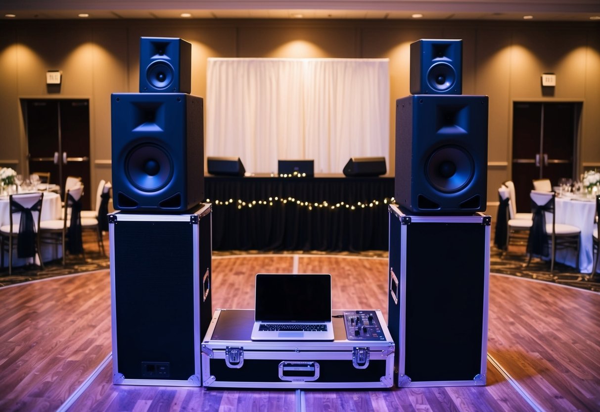 A DJ booth with a laptop and speakers set up in a dimly lit reception hall, with a dance floor surrounded by tables and chairs