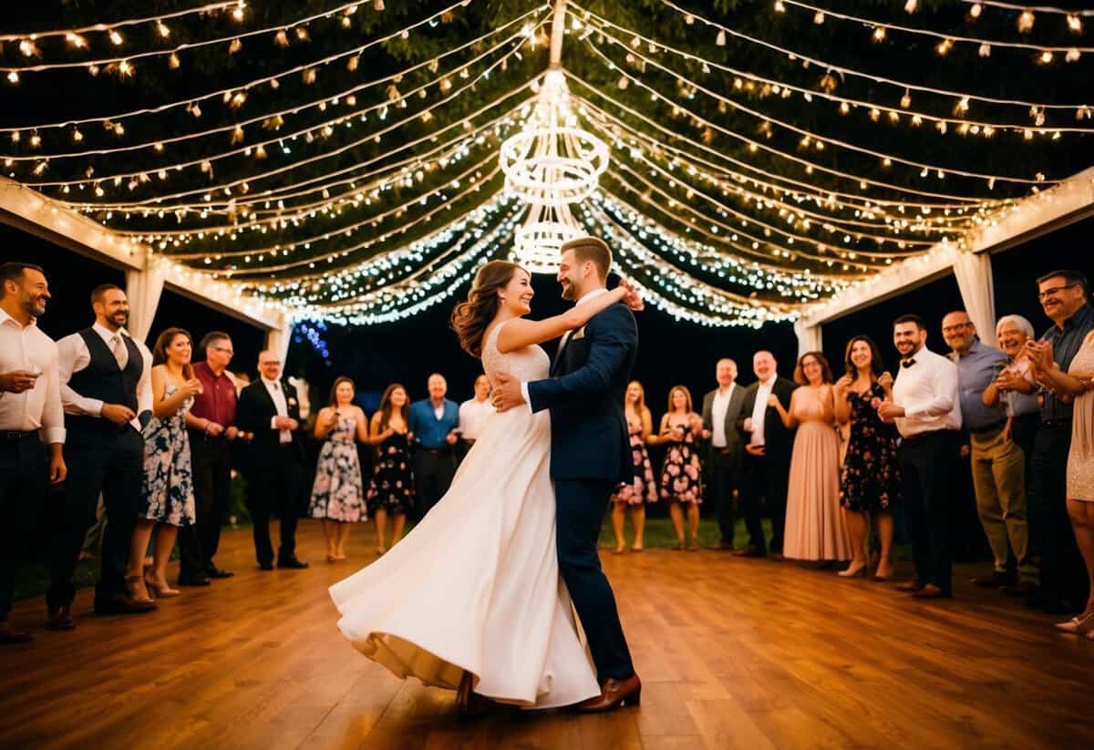 A couple twirls under a canopy of twinkling lights, surrounded by a circle of onlookers, as they dance to a lively rhythm