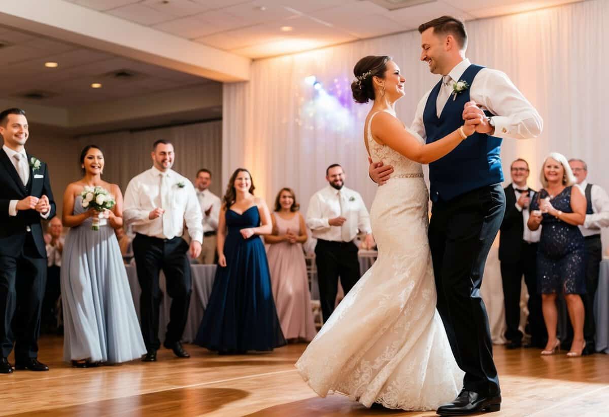 A couple twirls across the dance floor, their movements lively and upbeat, challenging the traditional notion of a slow first dance