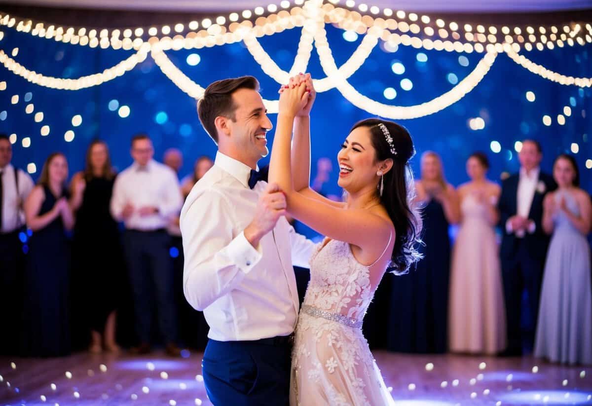 A couple twirls on a starlit dance floor, surrounded by twinkling lights and blooming flowers, as their joyful laughter fills the air