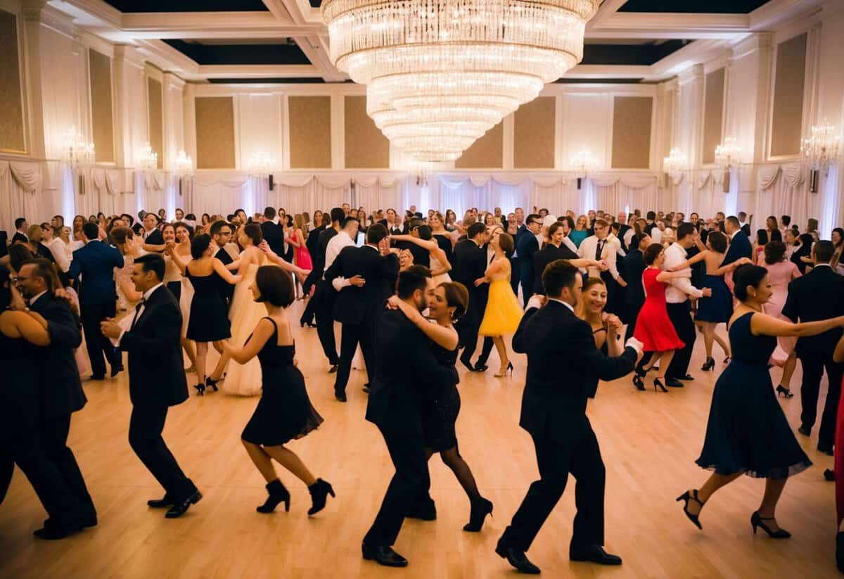A crowded dance floor with couples in various styles of dance, from slow to fast, under a sparkling chandelier