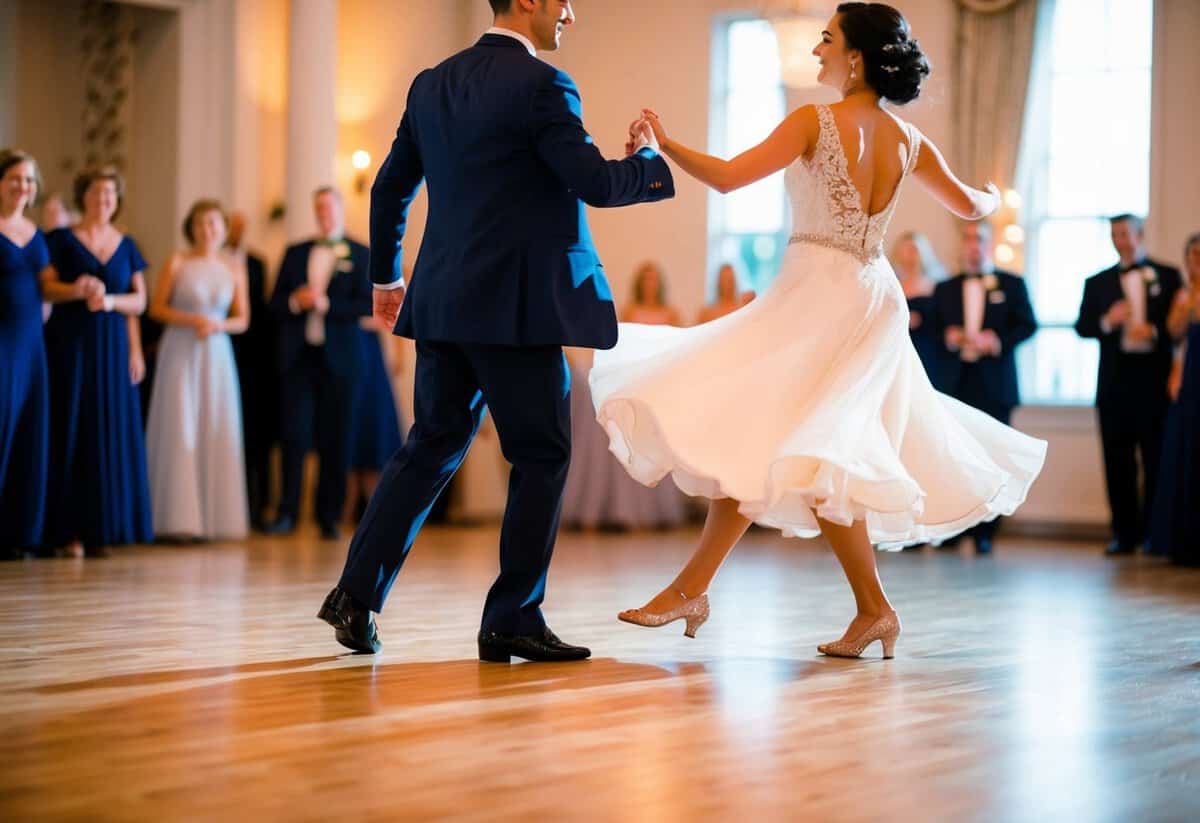 A couple gracefully moves across the dance floor, their movements fluid and lively, defying the traditional slow dance with a spirited and upbeat rhythm
