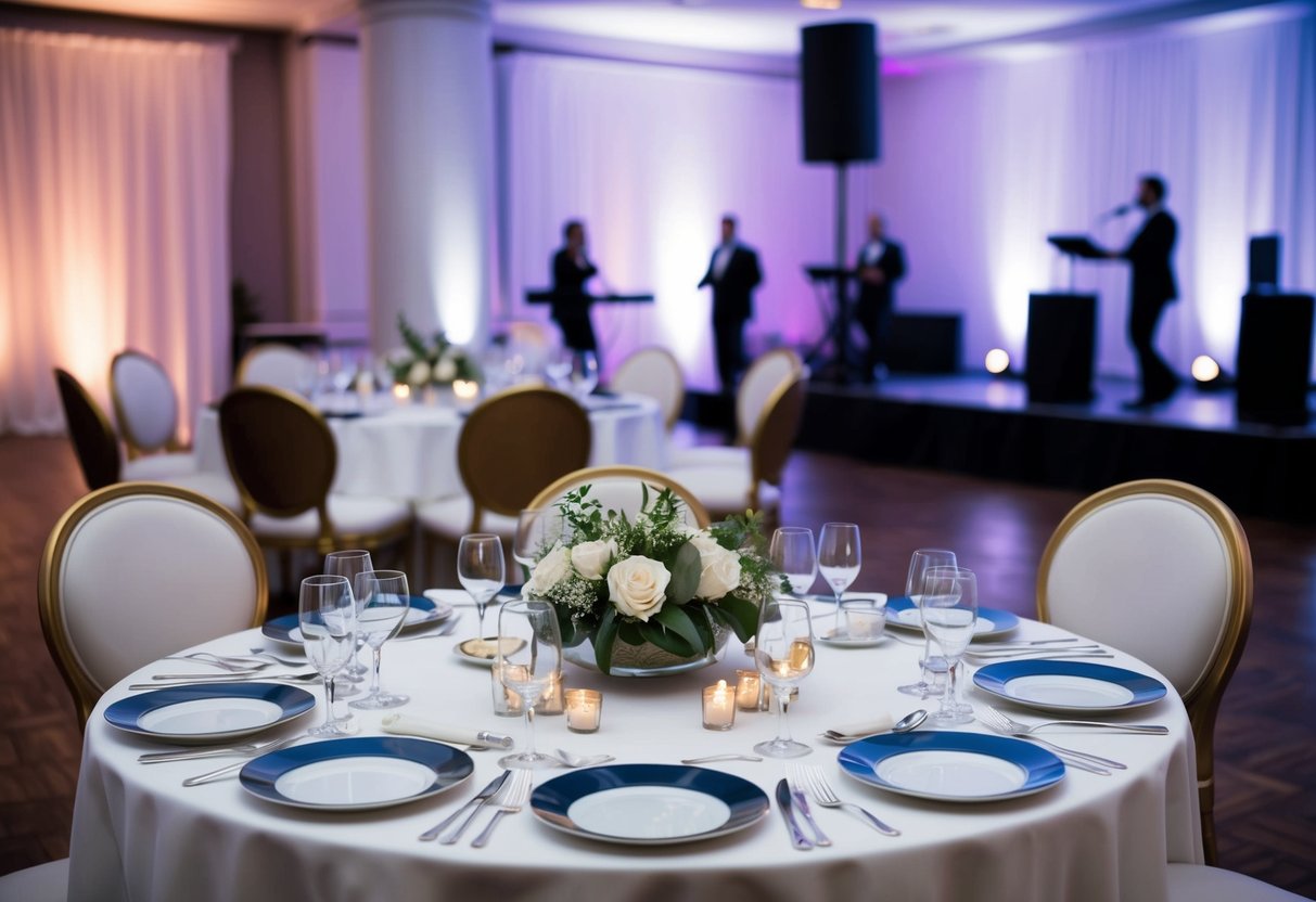 A dining table with empty plates and utensils, surrounded by elegant chairs. A dance floor nearby, with soft lighting and music playing in the background