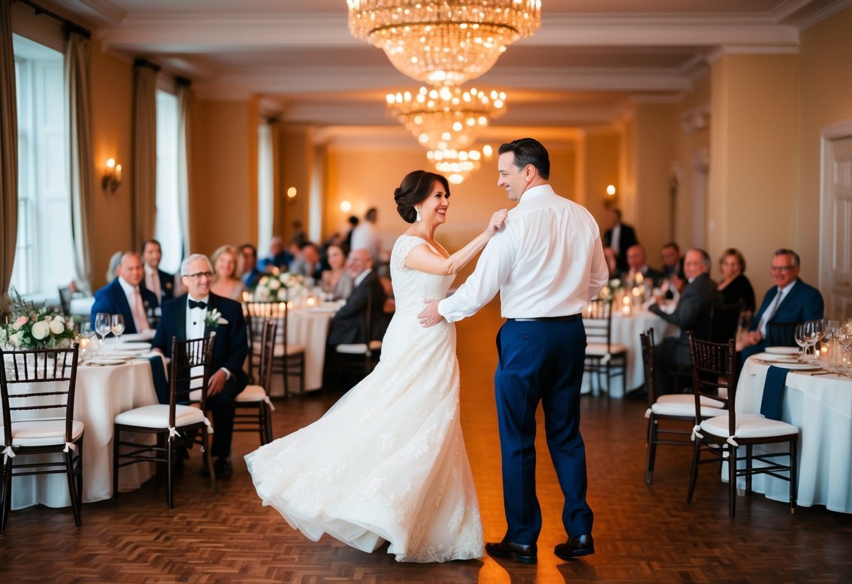 Parents twirl on a sunlit dance floor, surrounded by elegant tables set for dinner