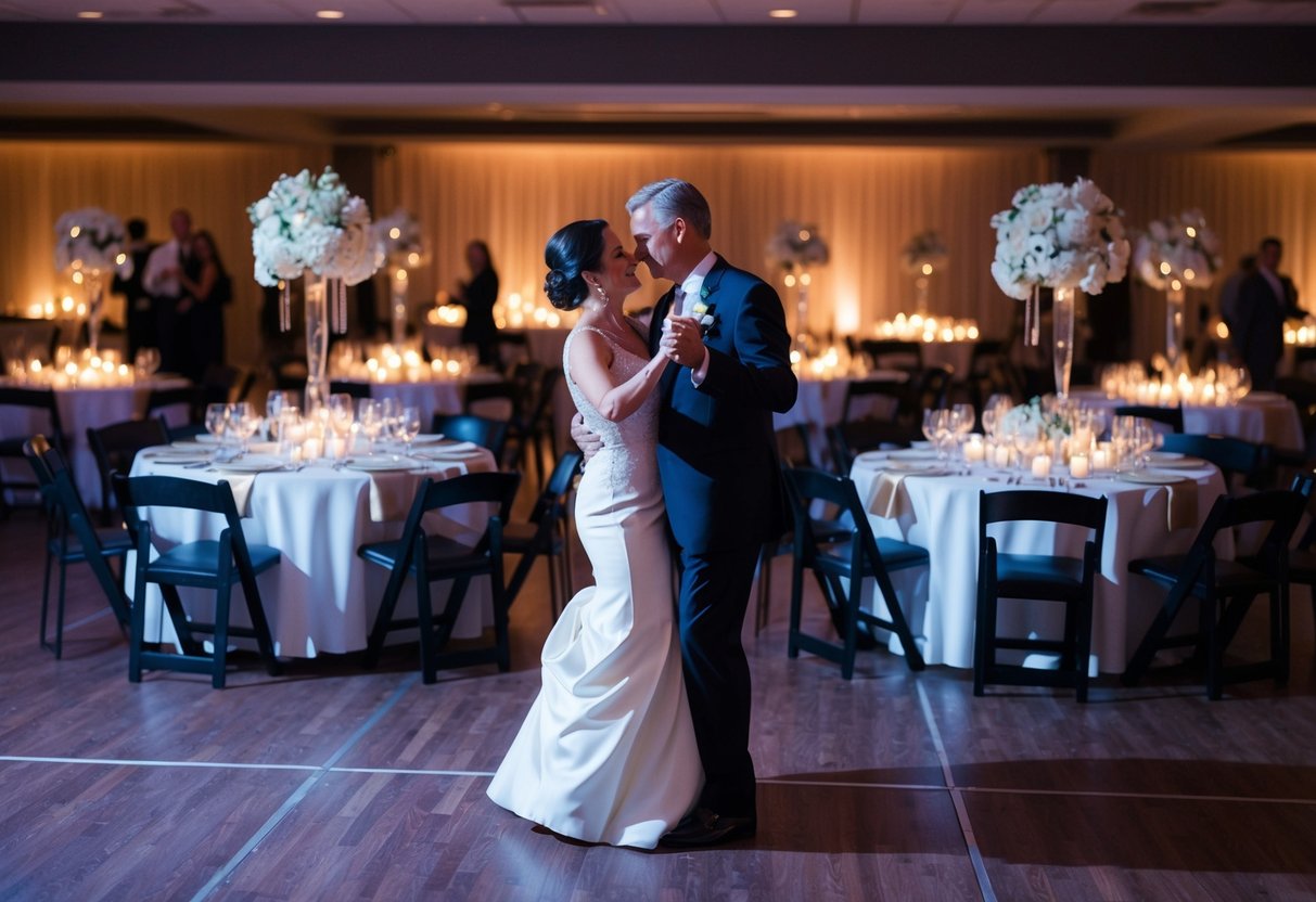 Parents share a tender dance on the dimly lit dance floor, surrounded by tables set with elegant place settings and flickering candles