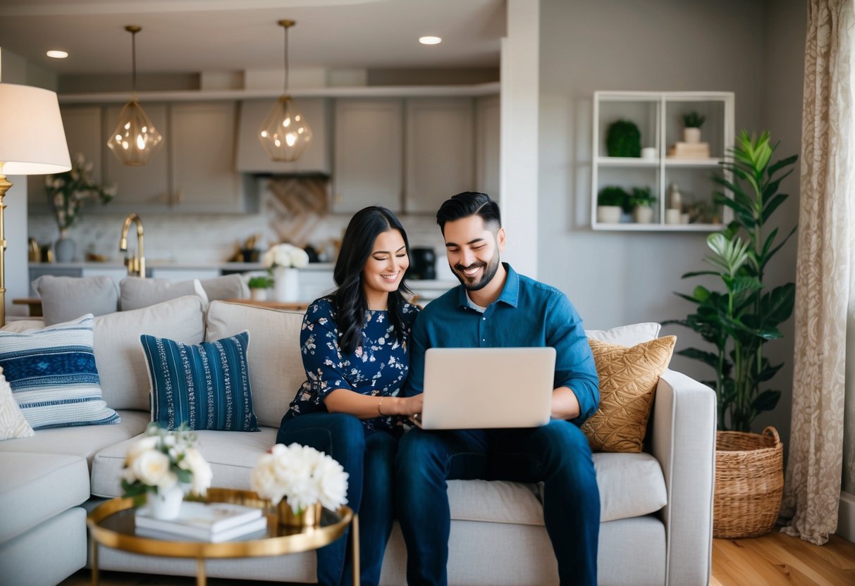 A cozy living room with a couple browsing a wedding registry on a laptop, surrounded by stylish furniture and decor